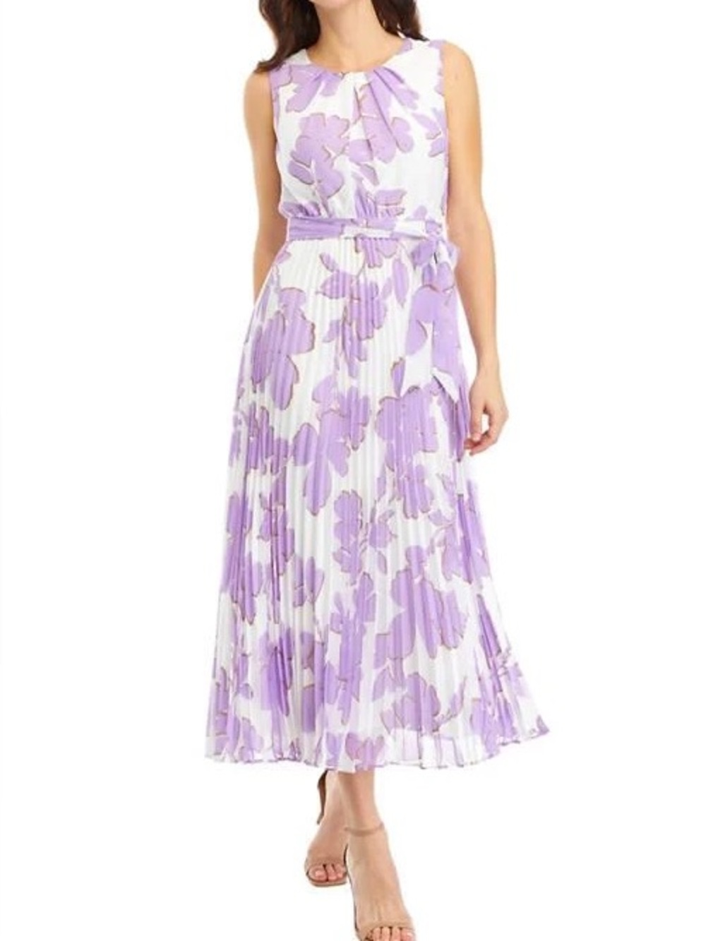 033. Studio One White and Lavender Floral Dress with Taupe Accents